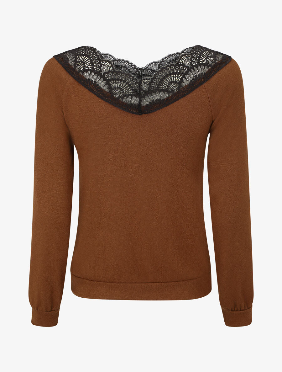 Pull fin droit col en dentelle - Camel - 2