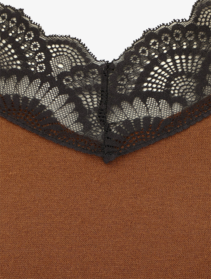 Pull fin droit col en dentelle - Camel - 3