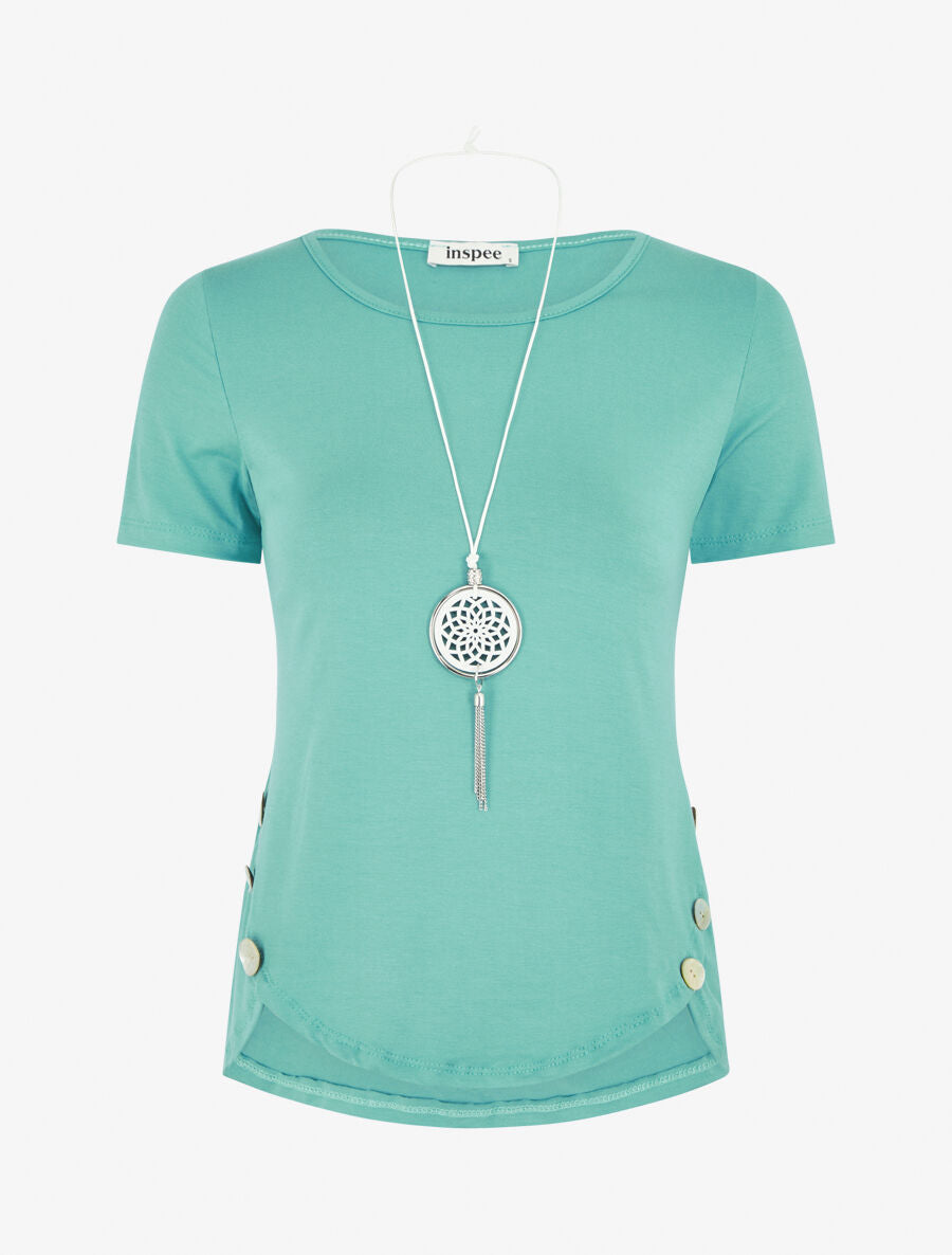 T-shirt à boutons décoratifs - Turquoise - 1