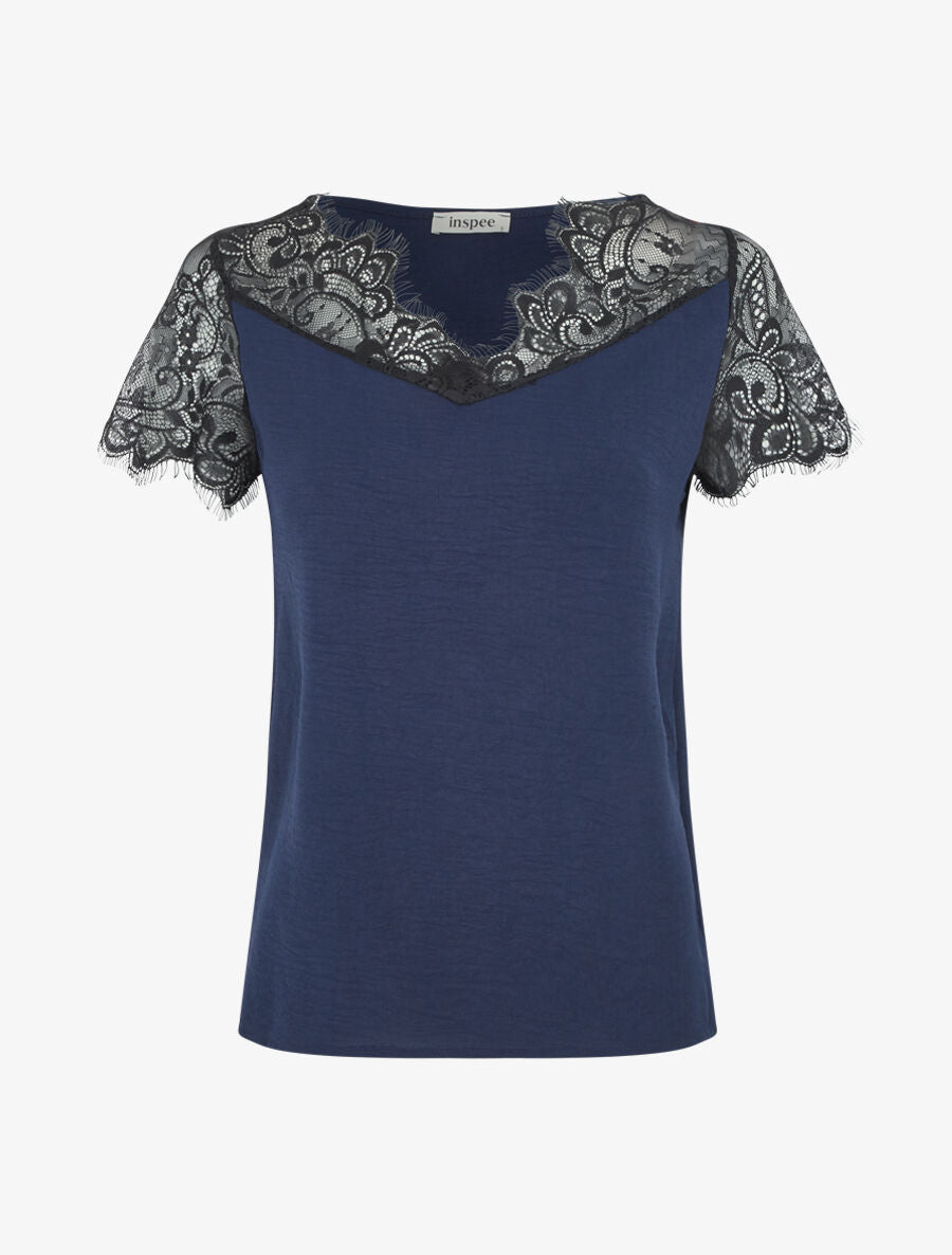 Top fluide à col et manches en dentelle - Bleu nuit - 1
