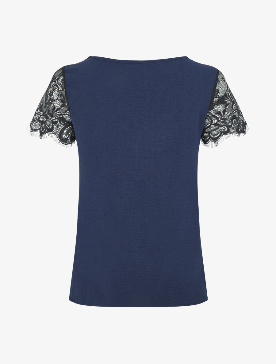 Top fluide à col et manches en dentelle - Bleu nuit - 2