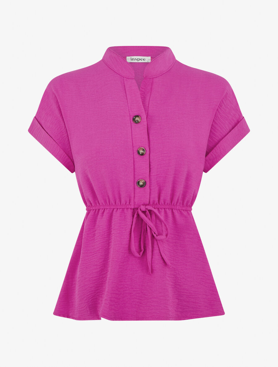 Top uni élastiqué et col boutonné - Magenta - 1