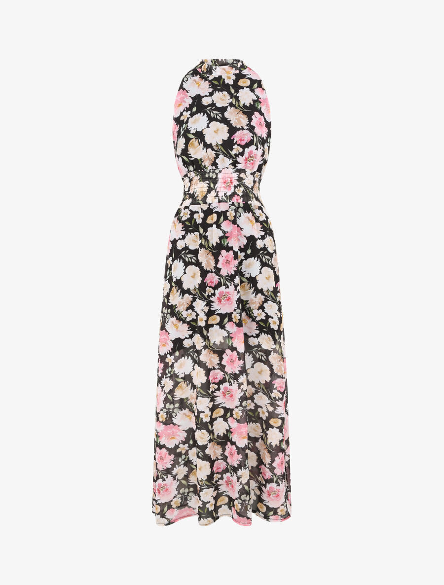 Robe longue en voile imprimé pivoines - Noir - 5