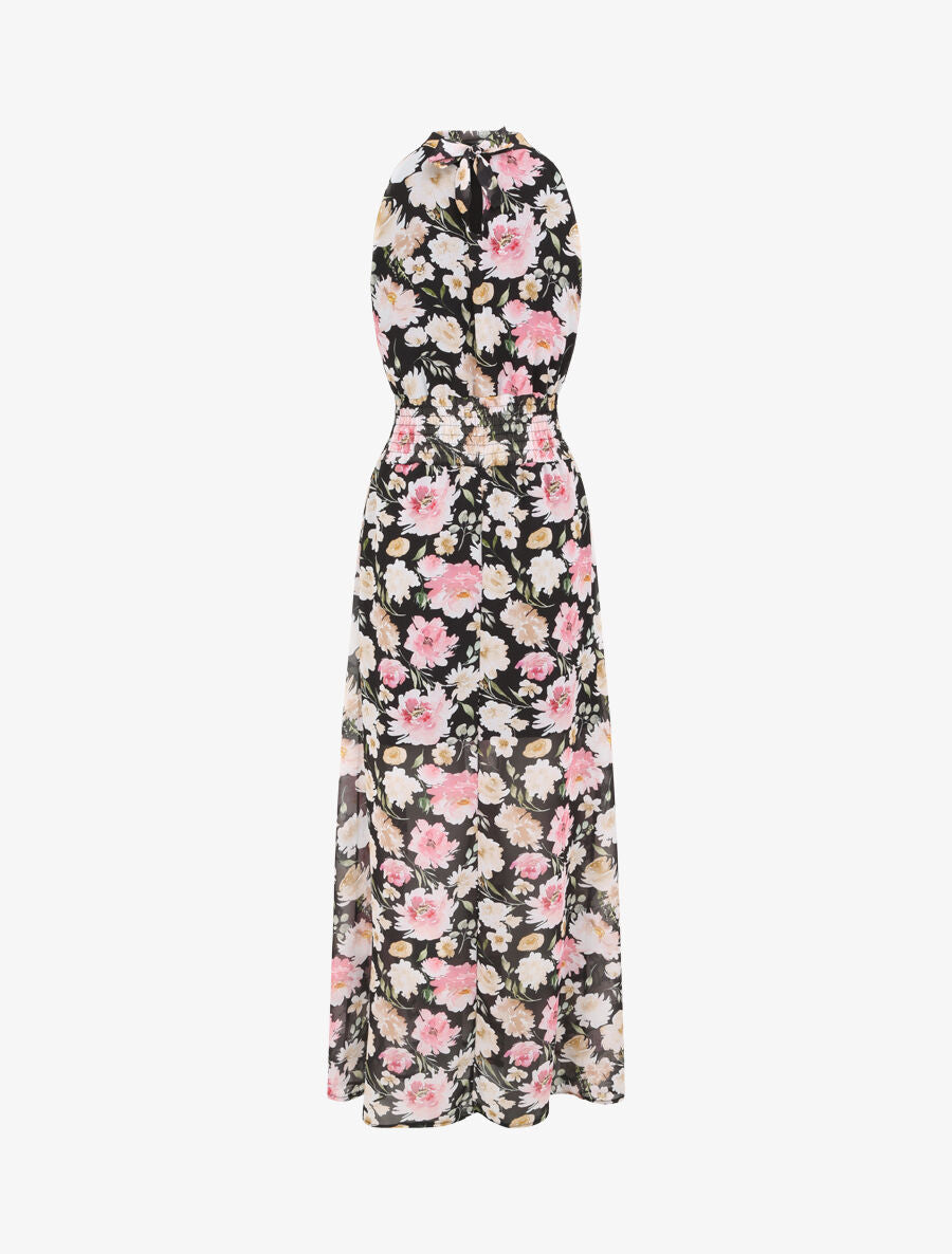 Robe longue en voile imprimé pivoines - Noir - 2