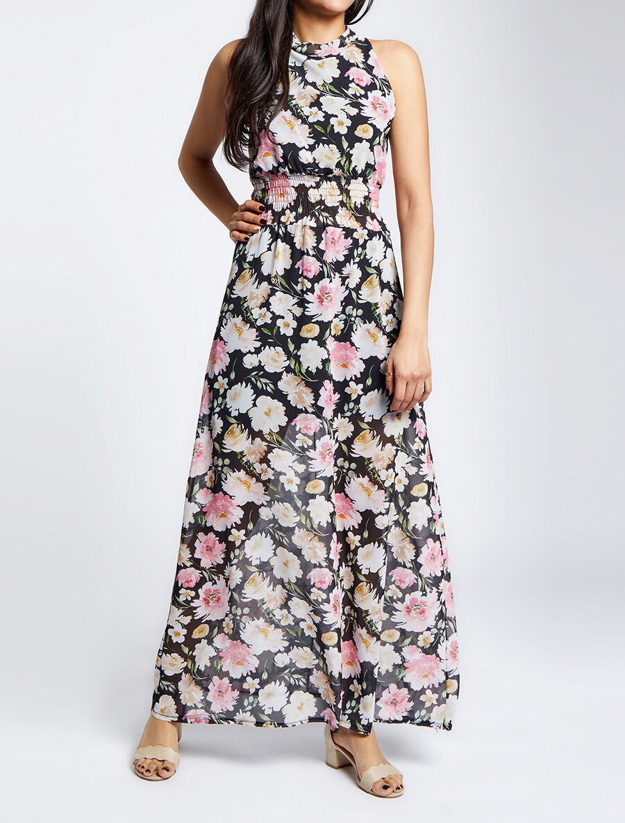 Robe longue en voile imprimé pivoines - Noir - 4