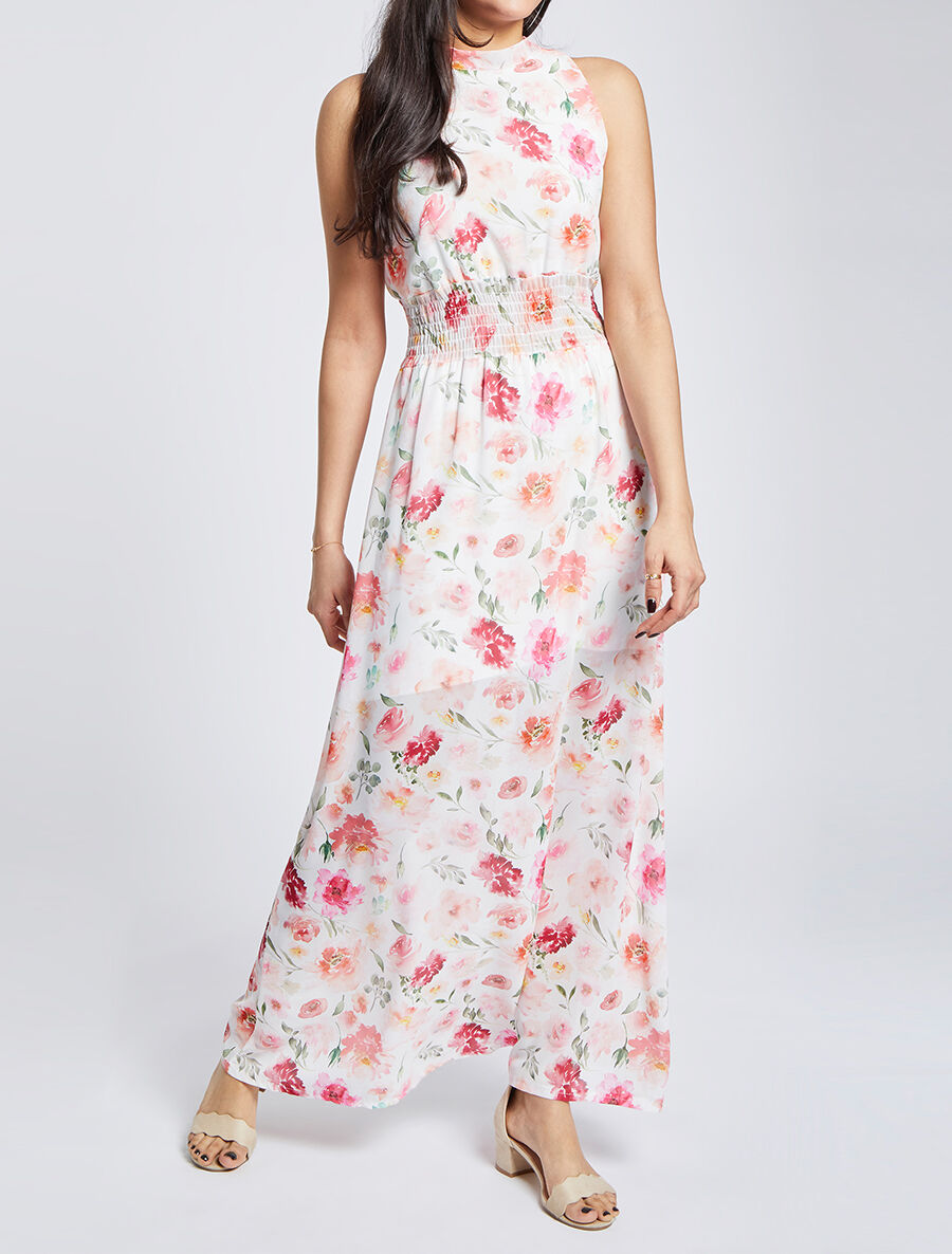 Robe longue en voile imprimé pivoines - Blanc - 4