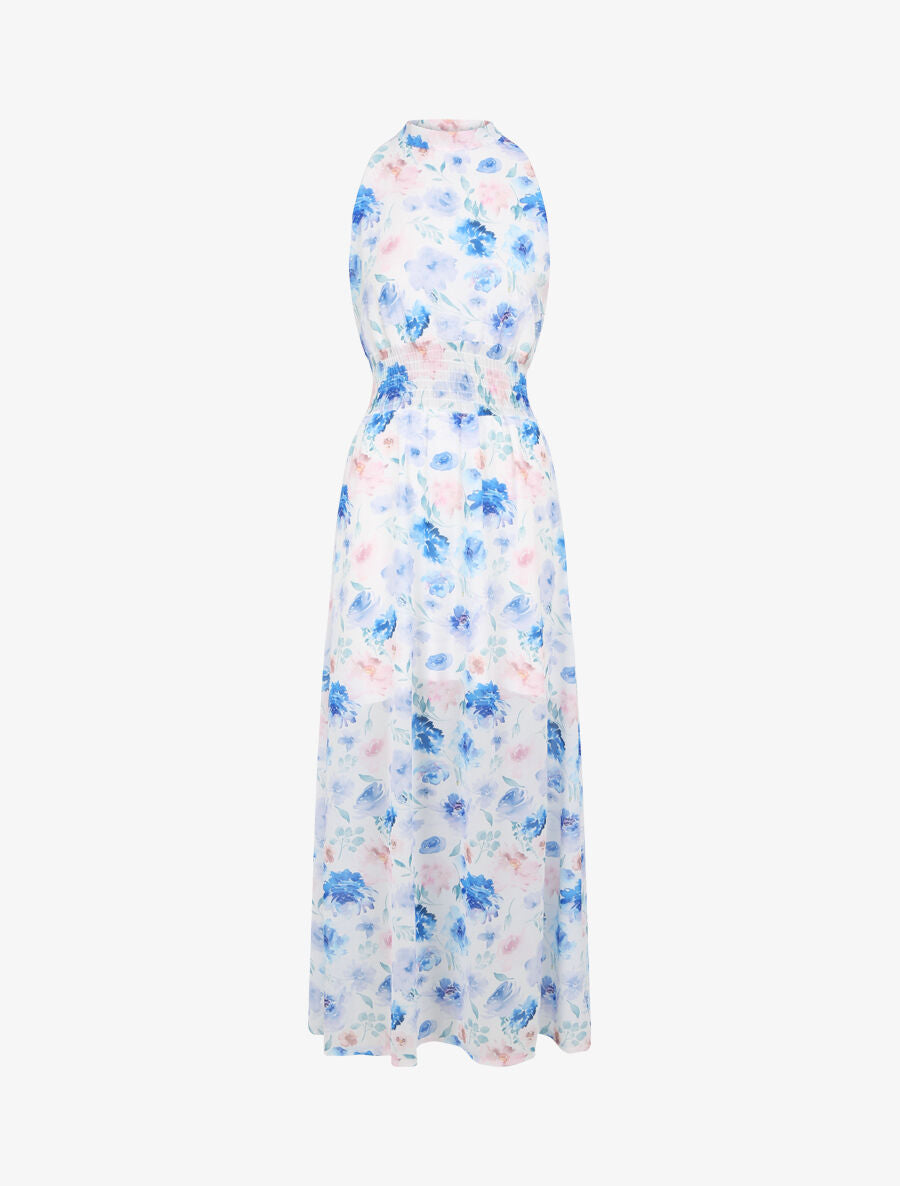 Robe longue en voile imprimé pivoines - Bleu - 1