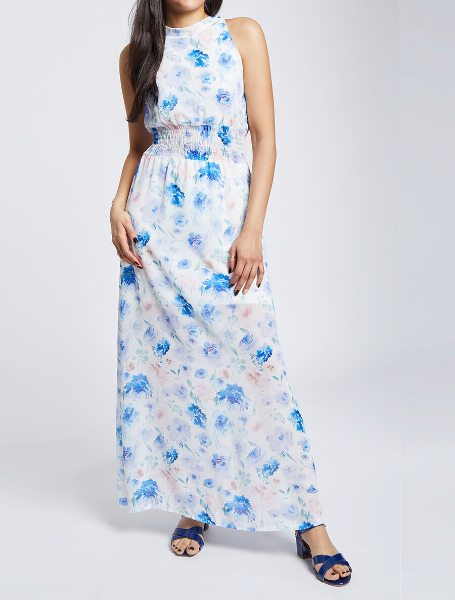 Robe longue en voile imprimé pivoines - Bleu - 4