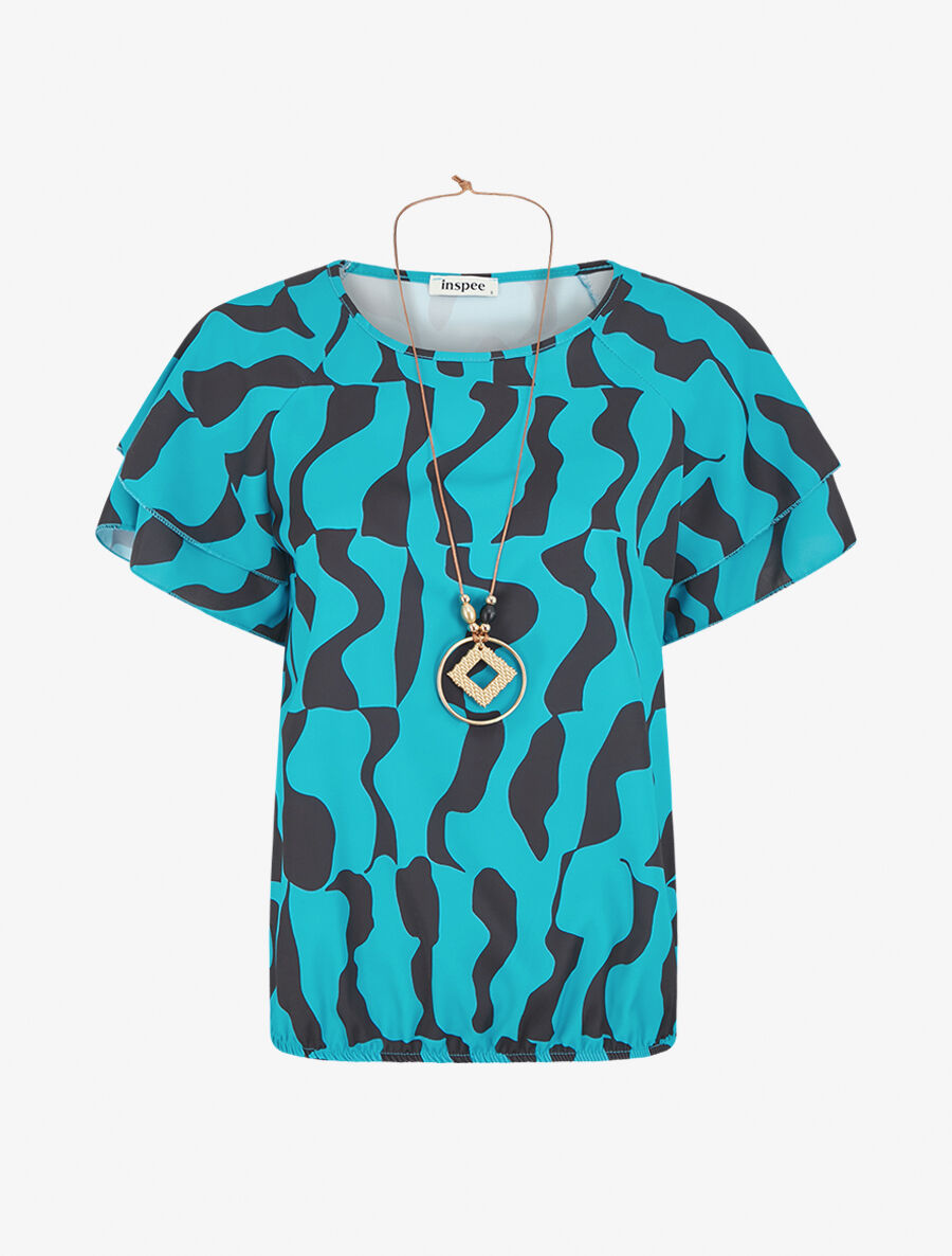 Top imprimé graphique et sautoir - Turquoise - 1