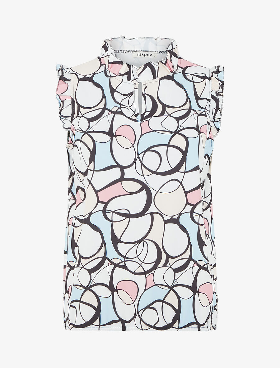 Top satiné sans manches motif abstrait et volants - Blanc - 1