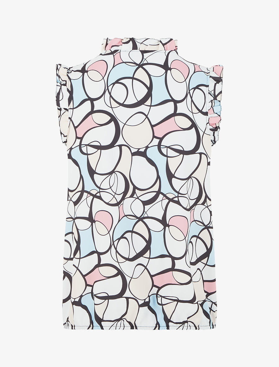 Top satiné sans manches motif abstrait et volants - Blanc - 2