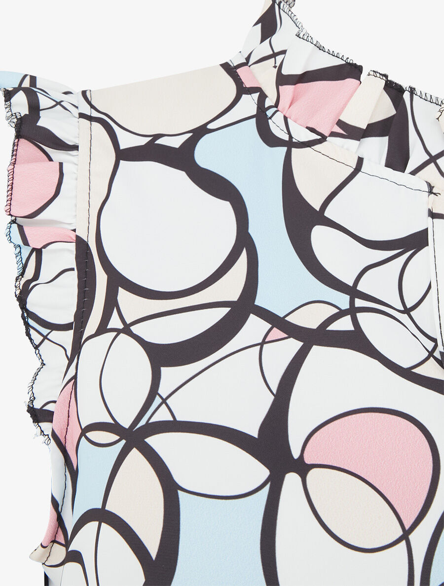 Top satiné sans manches motif abstrait et volants - Blanc - 3
