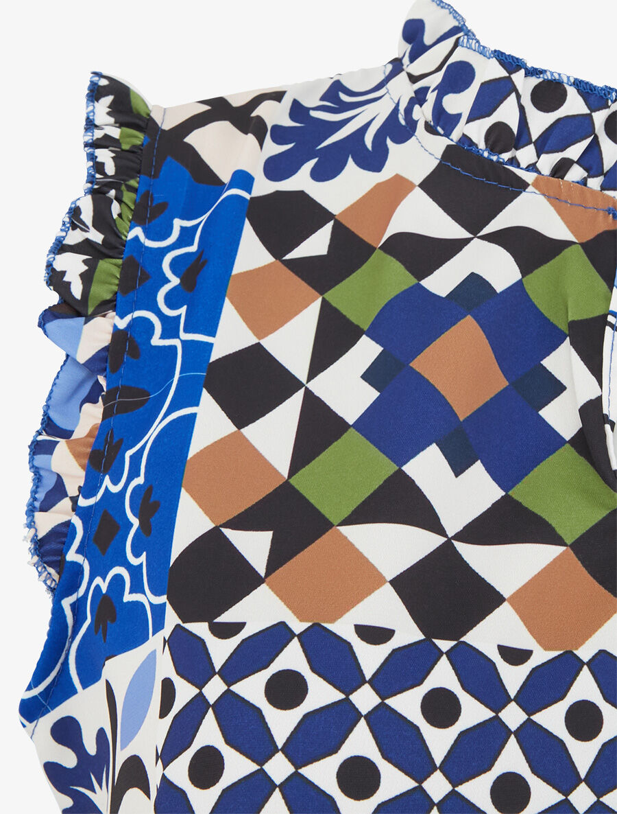 Top satiné sans manches motif patchwork et volants - Bleu - 3