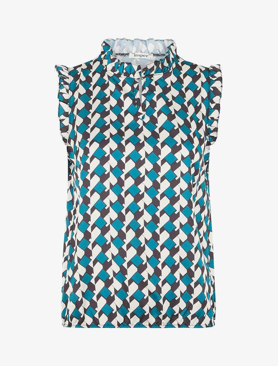 Top satiné sans manches motif graphique et volants - Bleu canard - 1