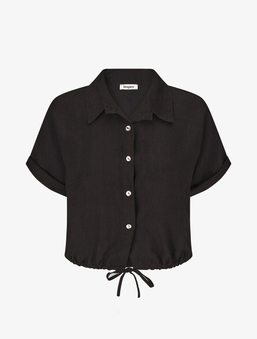 Blouse unie à cordons de serrage - Noir - 1