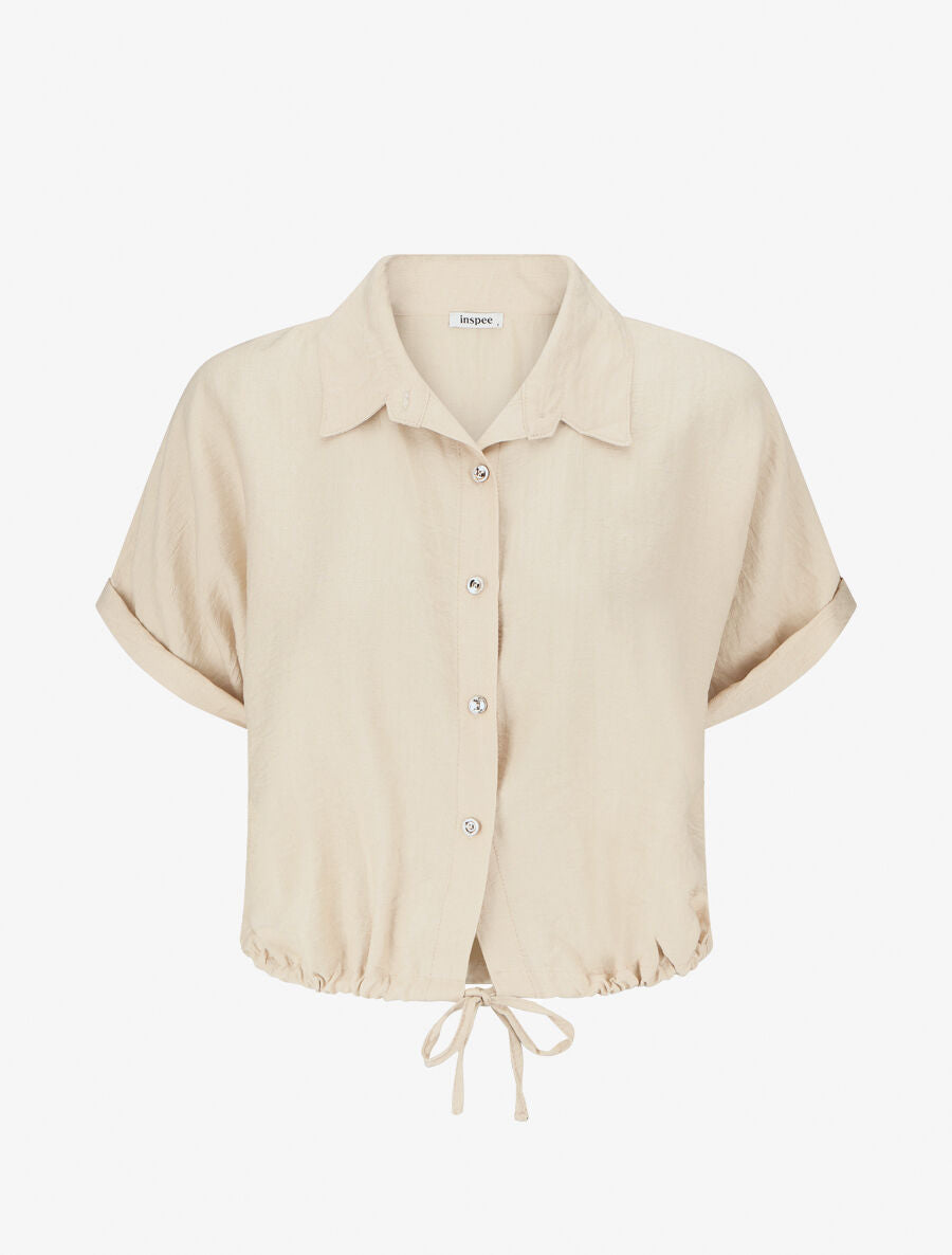 Blouse unie à cordons de serrage - Beige - 1