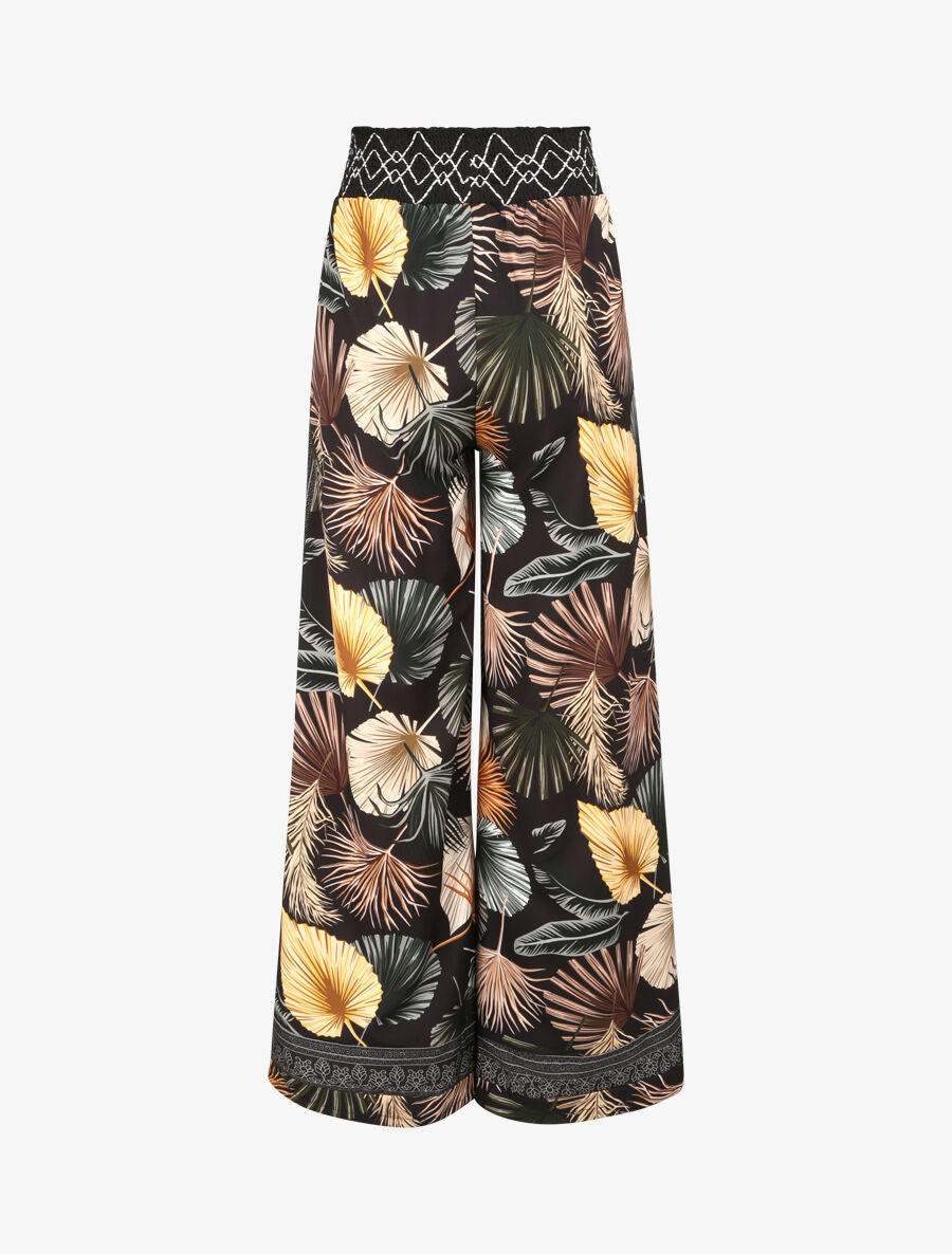 Pantalon fluide coupe flare imprimé plumes stylisées - Noir - 2