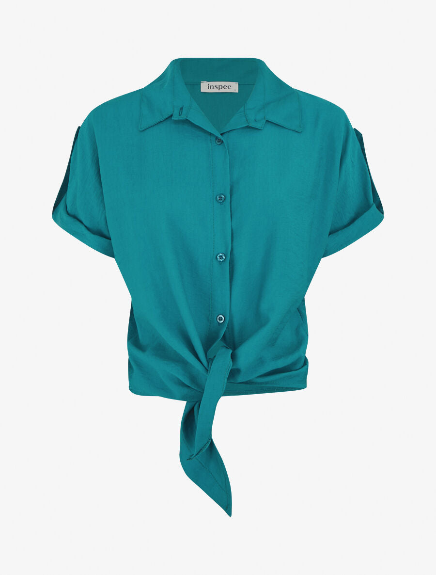 Blouse effet lin à noeud - Bleu canard - 1