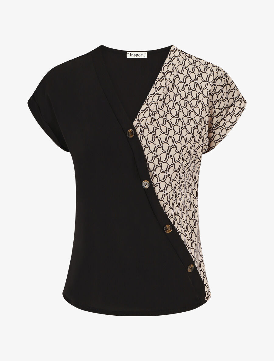 Top imprimé graphique à boutons - Beige - 1