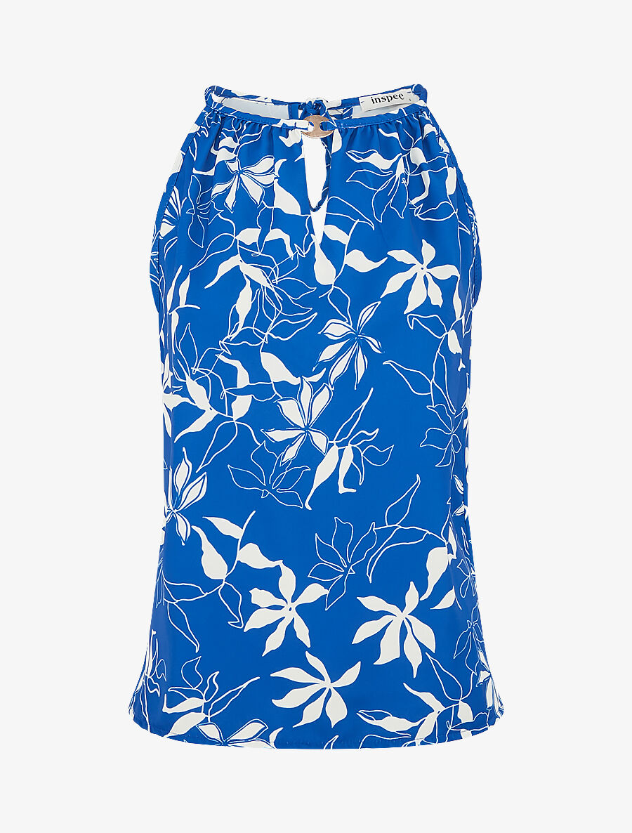Top évasé sans manches motif fleuri - Bleu roi - 1