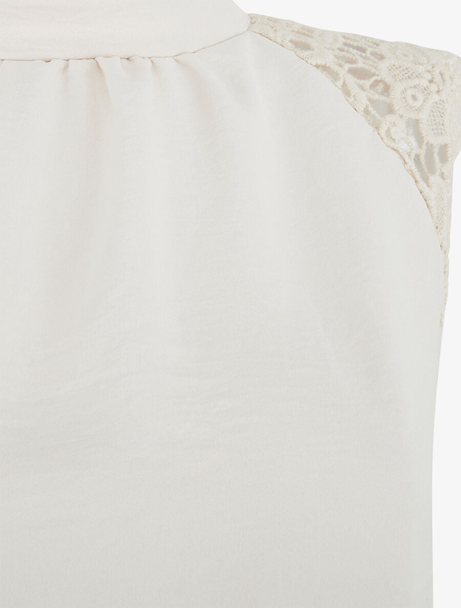Top uni à manches courtes brodées - Beige - 3