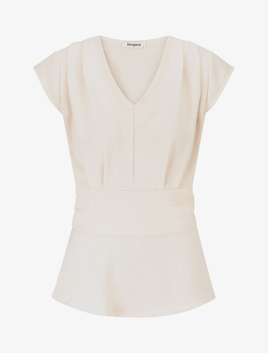 Blouse unie élastiquée à mancherons - Beige - 1