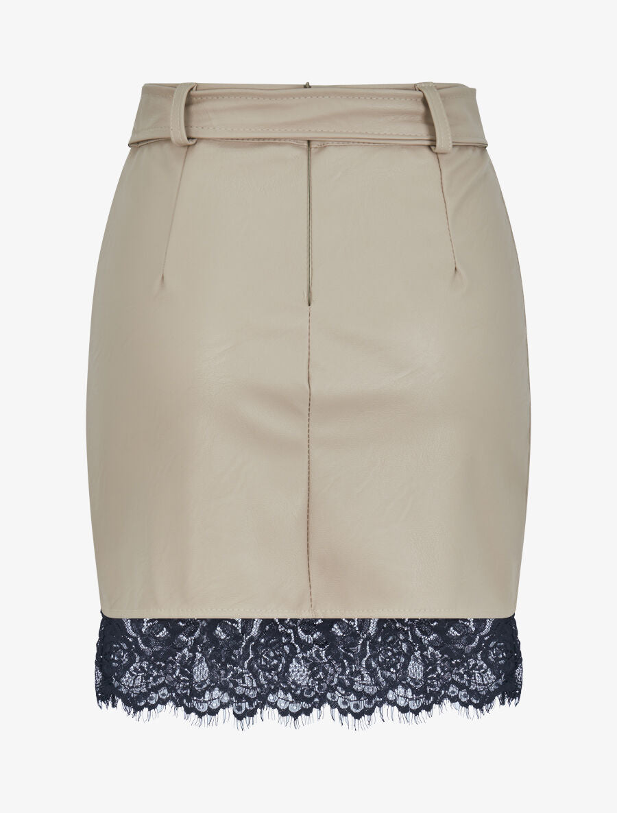 Mini-jupe en simili à bords en dentelle - Beige - 2