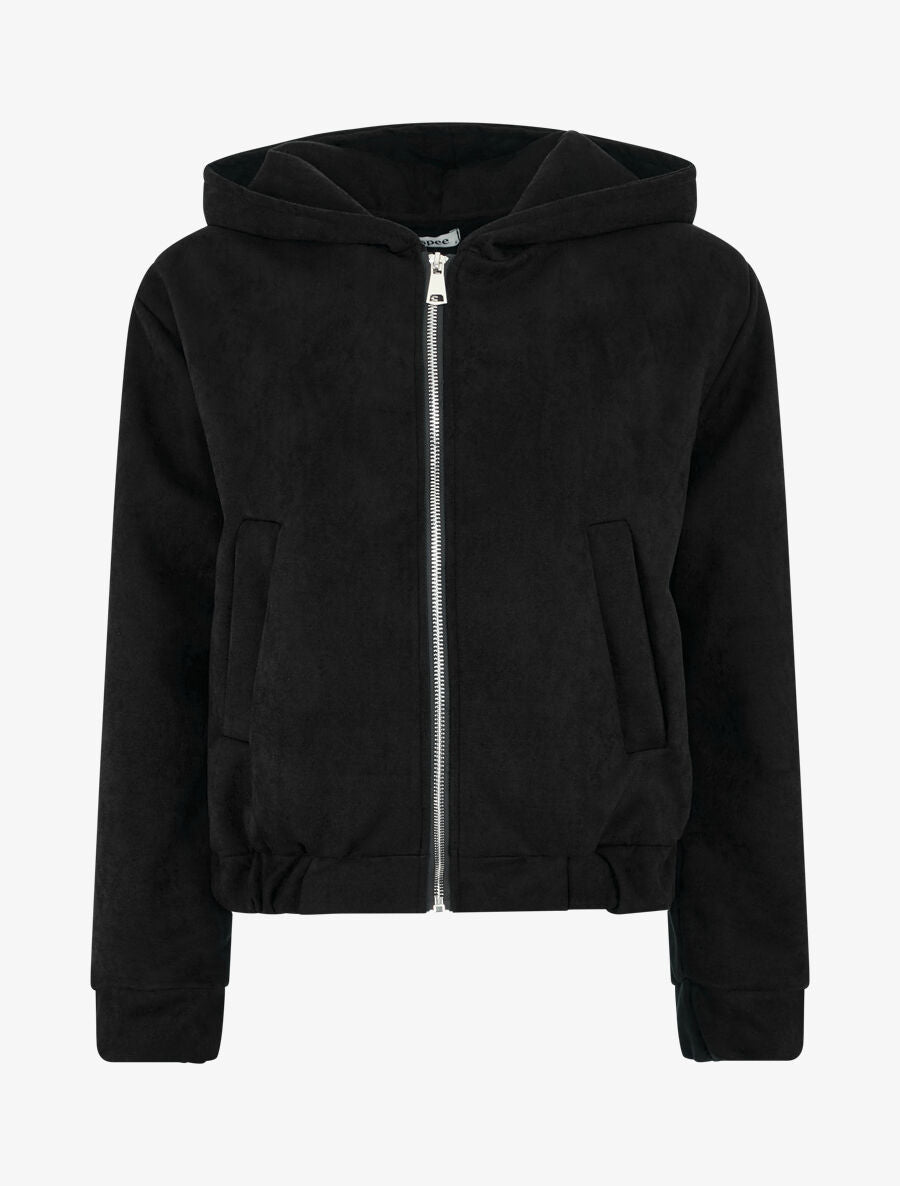 Veste courte en suédine à capuche - Noir - 1