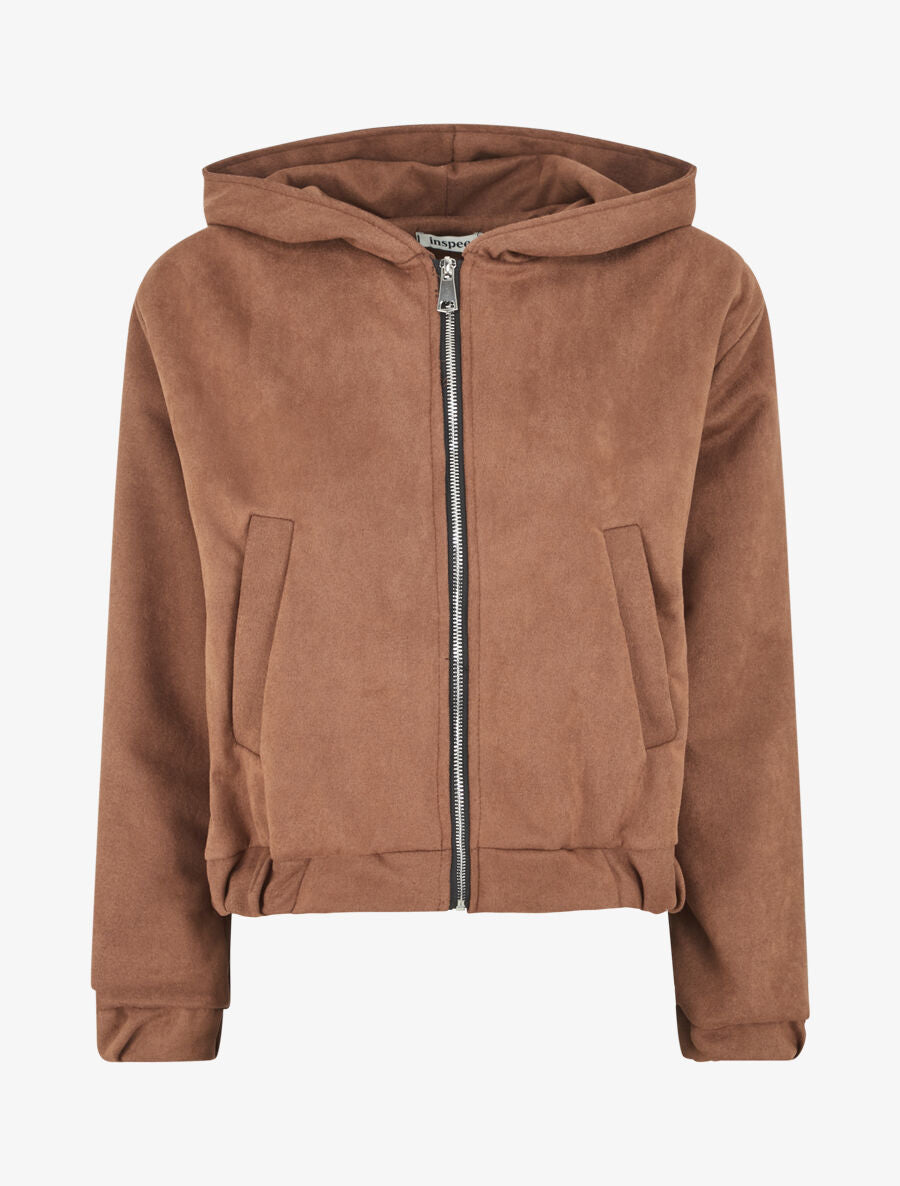 Veste courte en suédine à capuche - Camel foncé - 4