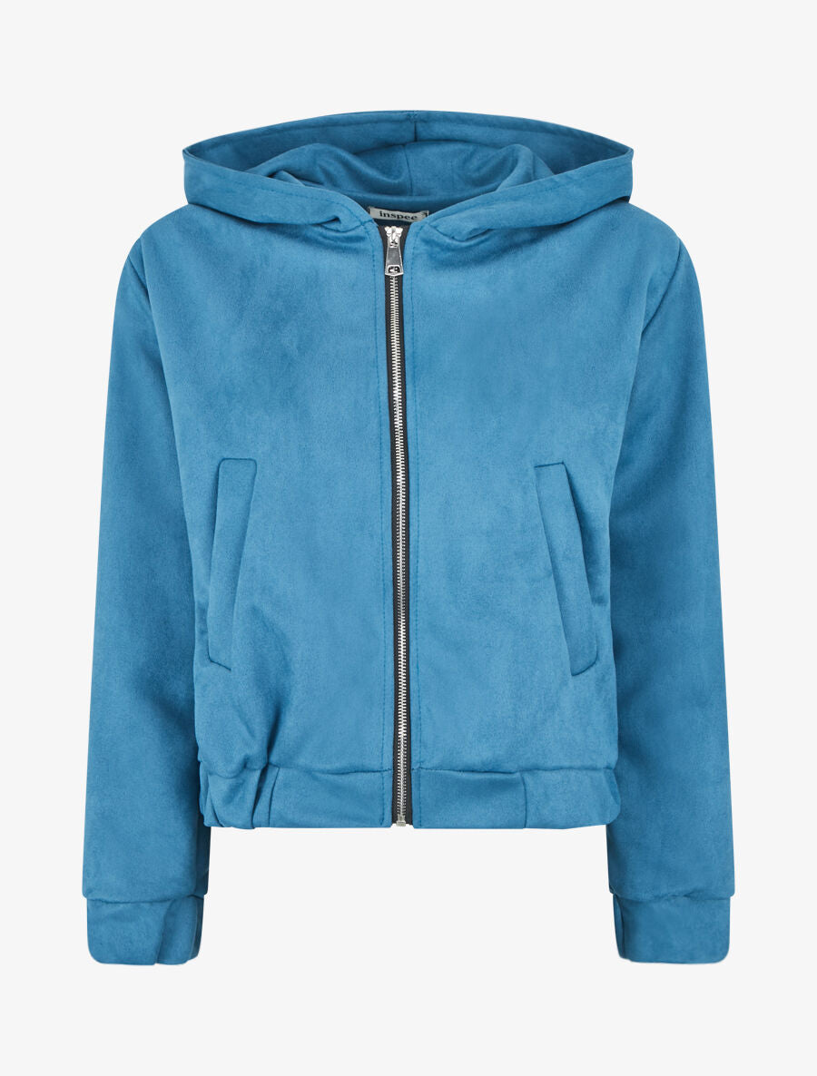 Veste courte en suédine à capuche - Bleu canard - 4