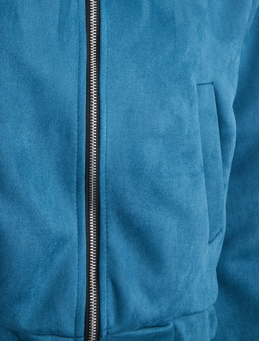 Veste courte en suédine à capuche - Bleu canard - 3