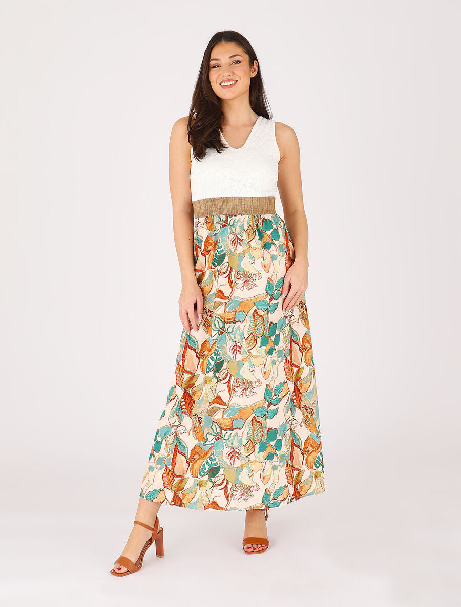 Robe longue bi-matière imprimé feuillage - Beige - 4