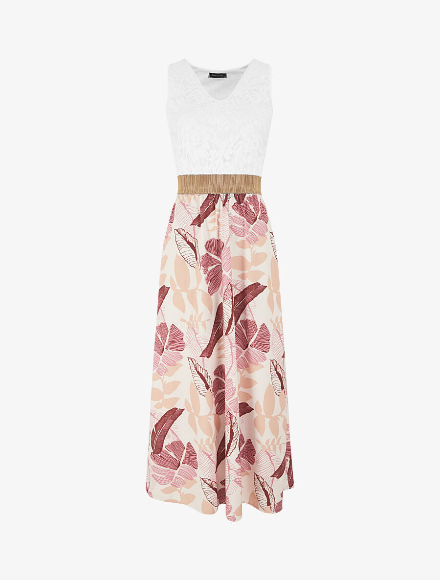 Robe longue bi-matière imprimé feuilles - Beige - 2