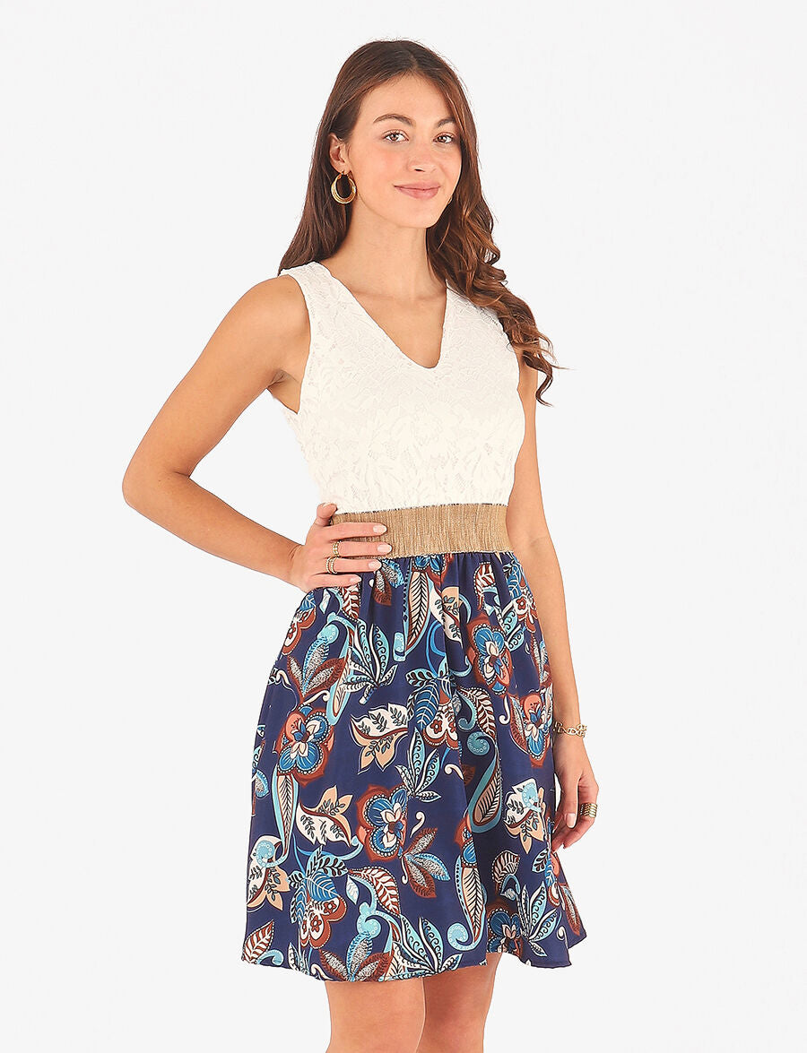Robe bi-matière imprimé fleuri - Marine - 3