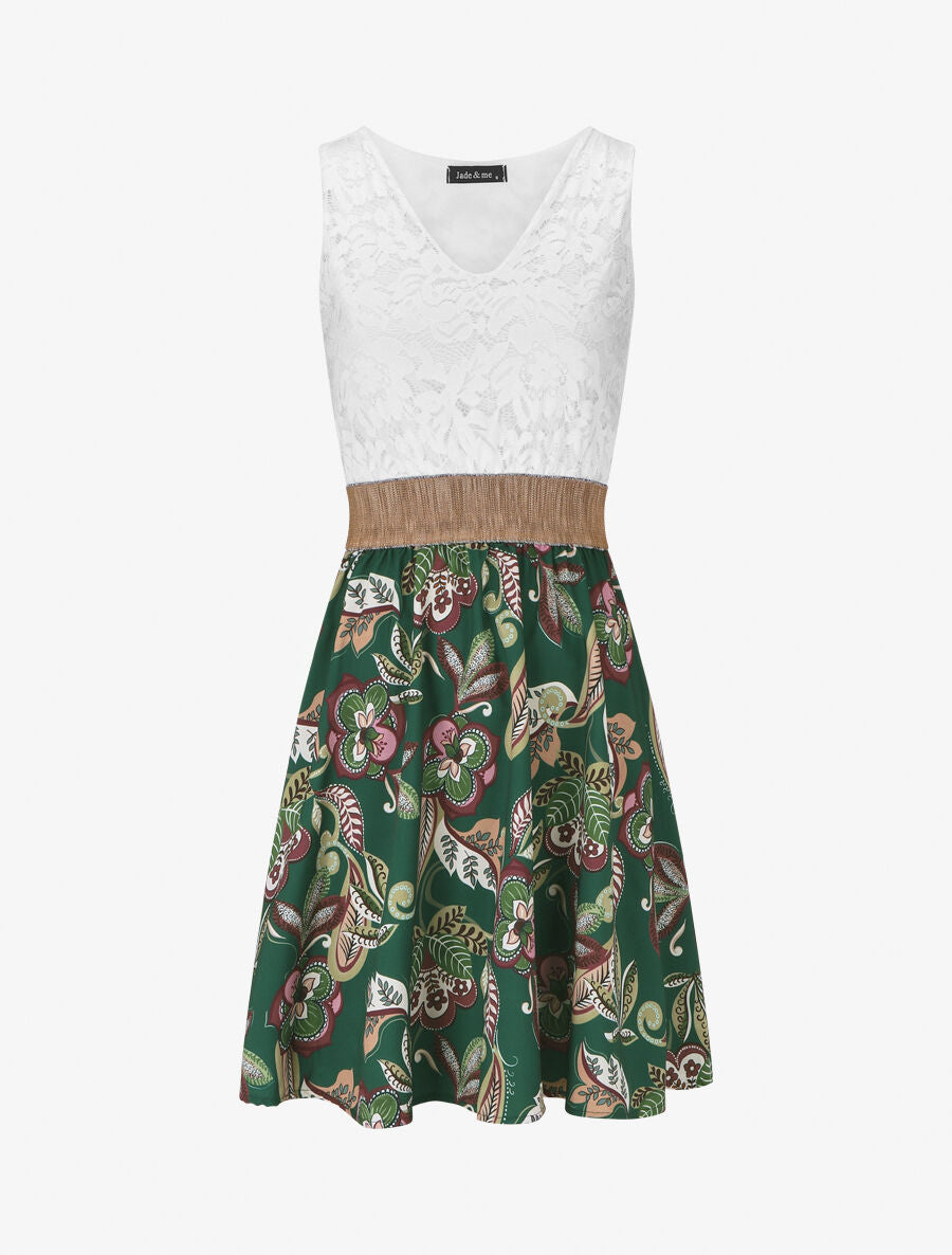 Robe bi-matière imprimé fleuri - Vert sapin - 1