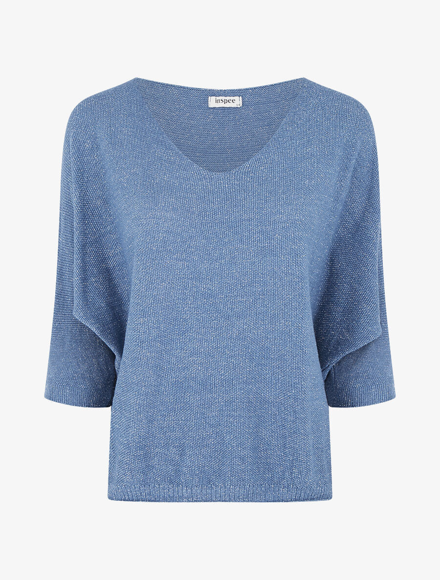 Pull en maille pailletée à manches chauves-souris - Bleu - 5