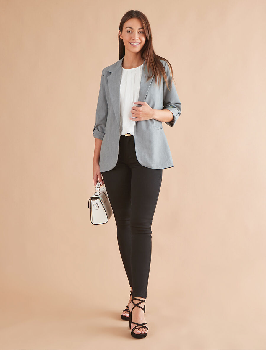 Blazer mi-long à manches à revers - Gris - 4
