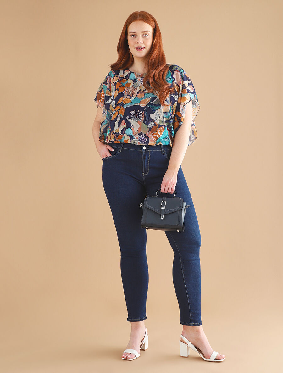 Blouse imprimé feuilles à manches volantées - Marine - 5