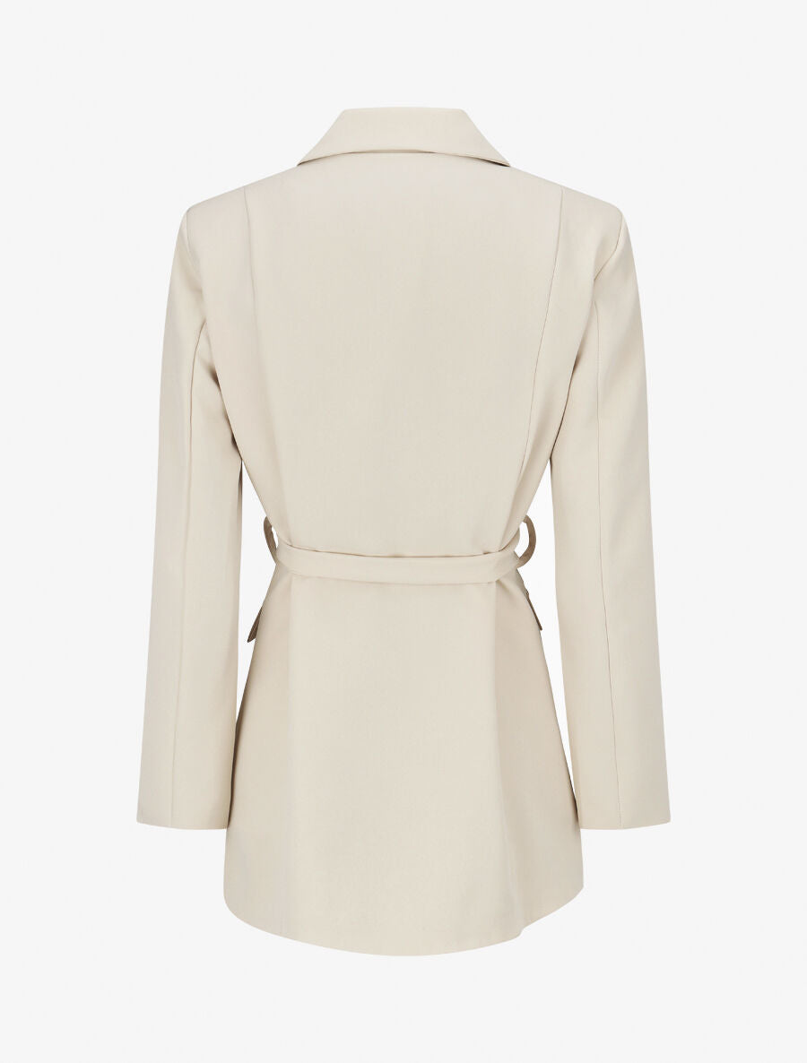 Blazer long uni ceinturé - Beige - 2