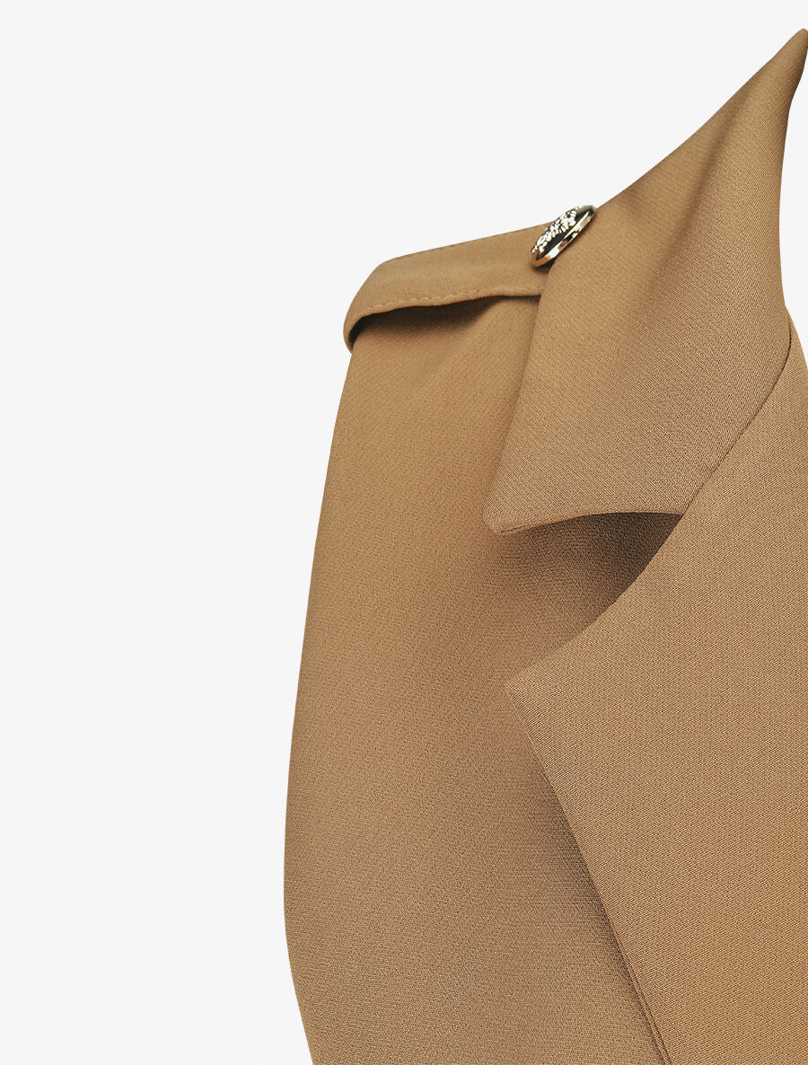 Blazer long uni à boutons métallisés aux épaules - Camel - 3