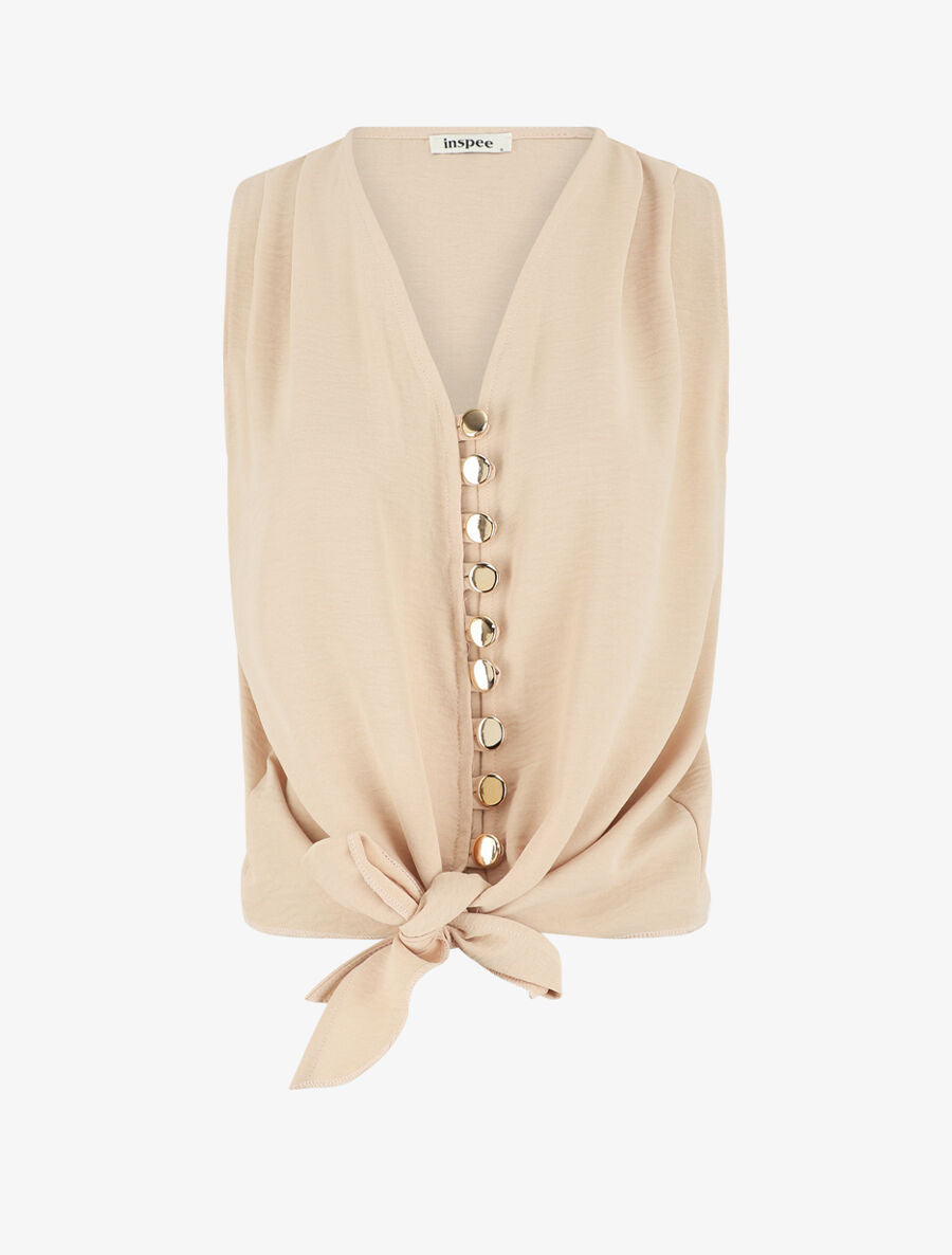 Top à fermeture boutonnée et liens à nouer - Beige - 4