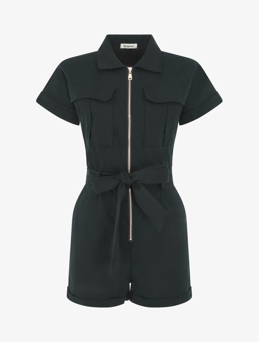 Combishort uni ceinturé et zippé - Noir - 4