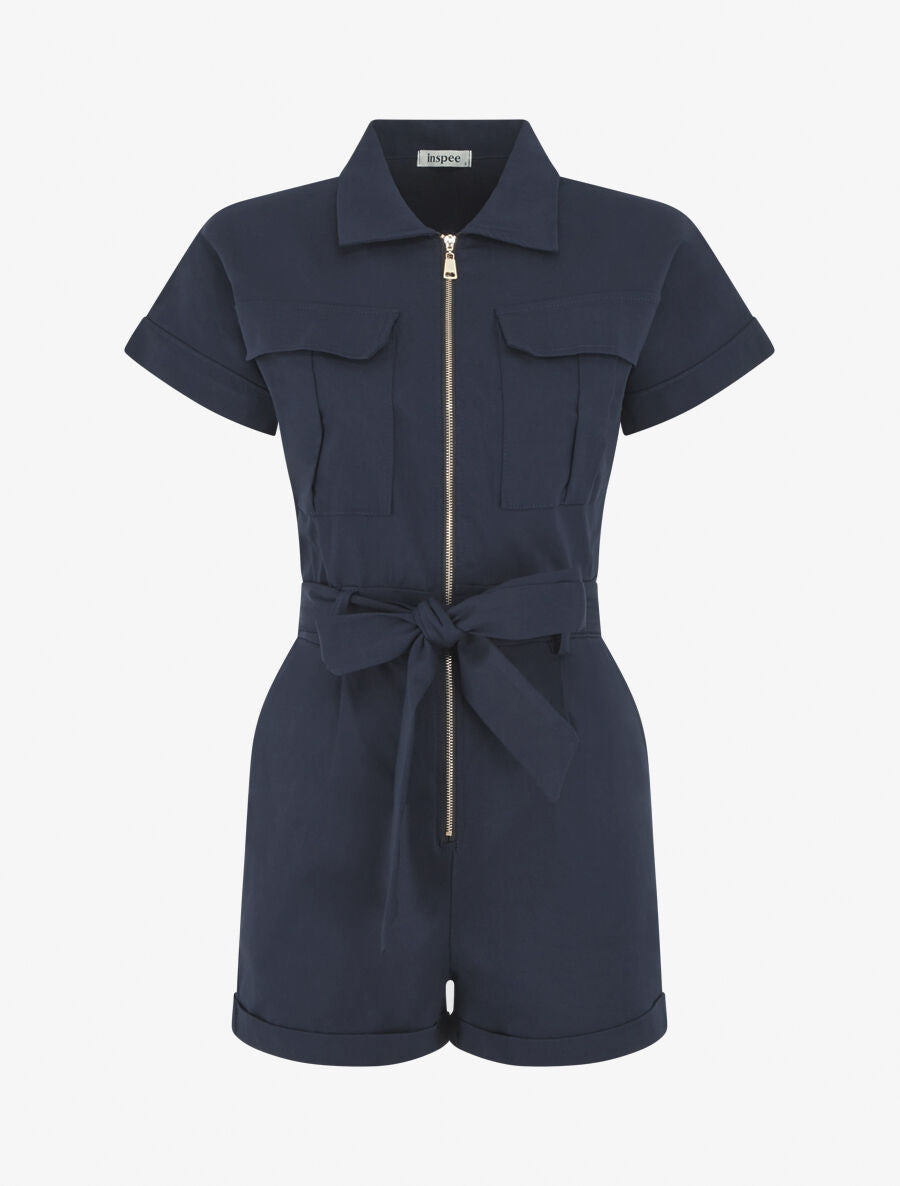 Combishort uni ceinturé et zippé - Marine - 1