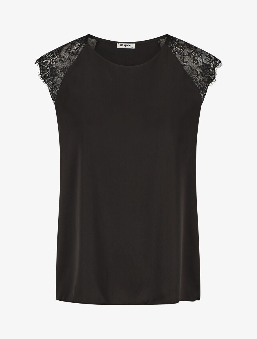 Top satiné à dentelle - Noir - 4