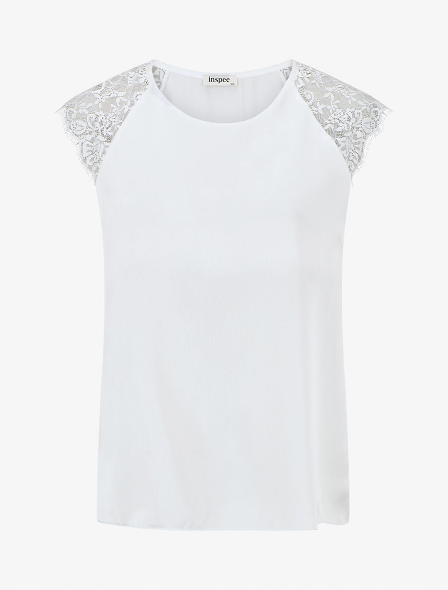 Top satiné à dentelle - Blanc - 4