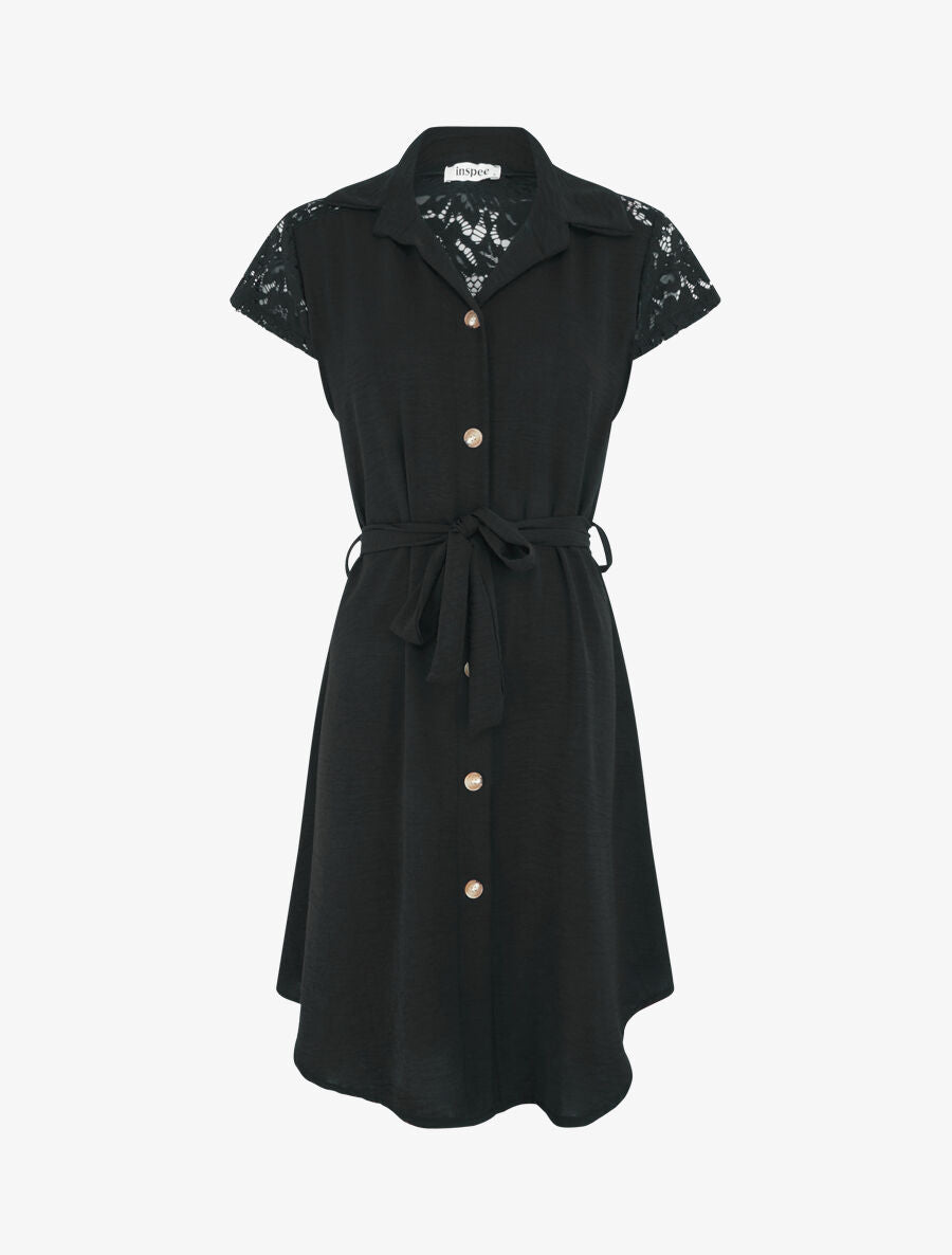 Robe mi-longue unie à empiècement dentelle - Noir - 1