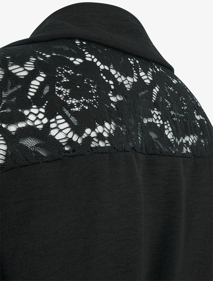 Robe mi-longue unie à empiècement dentelle - Noir - 3