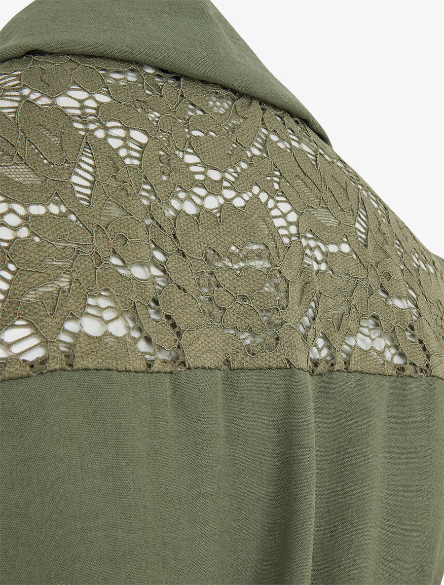 Robe mi-longue unie à empiècement dentelle - Kaki - 3