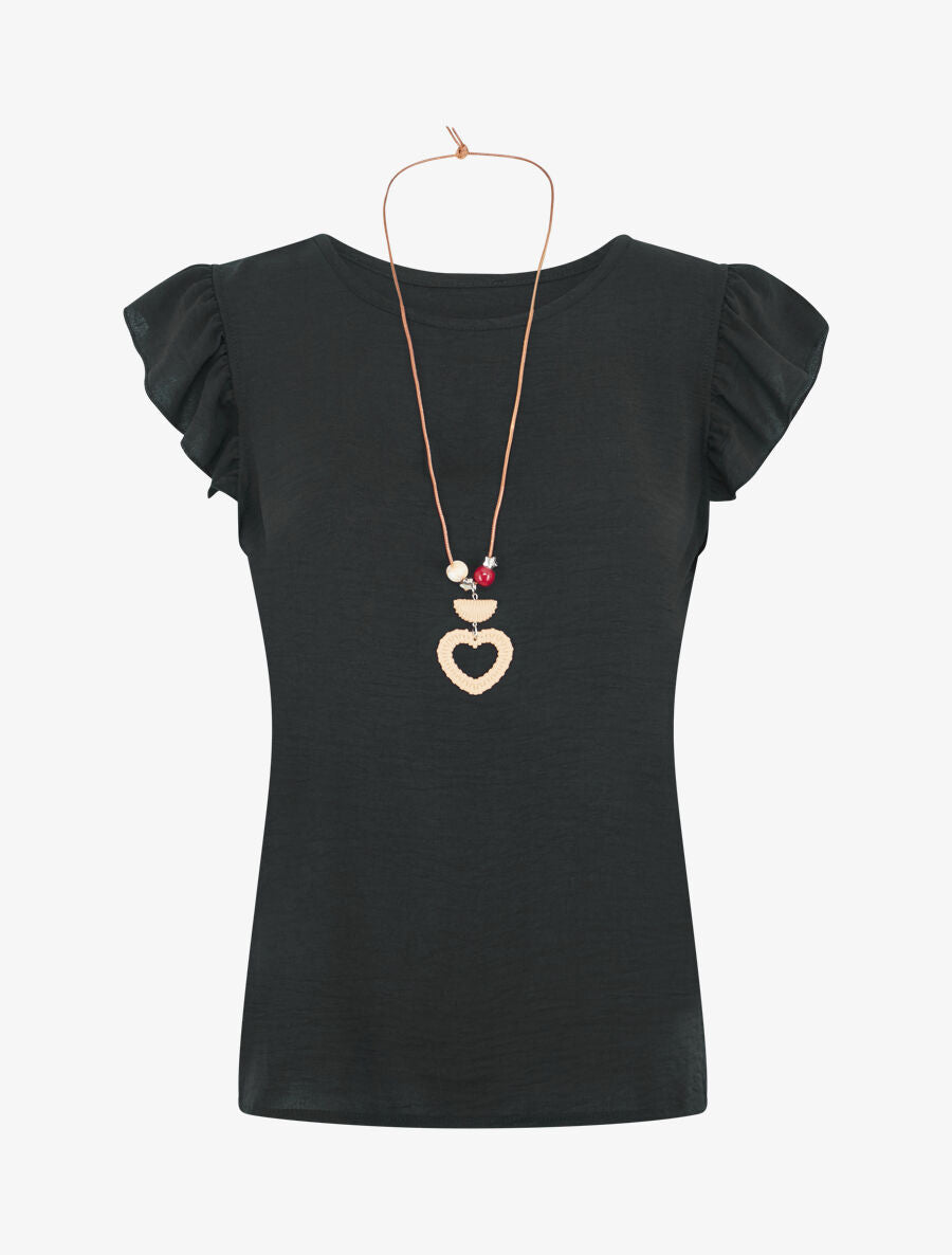 Top uni à manches volantées - Noir - 1