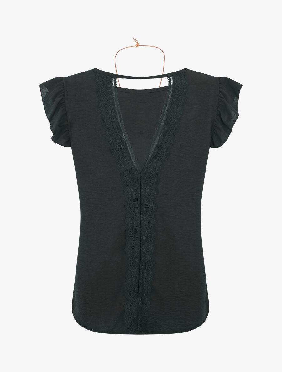 Top uni à manches volantées - Noir - 2